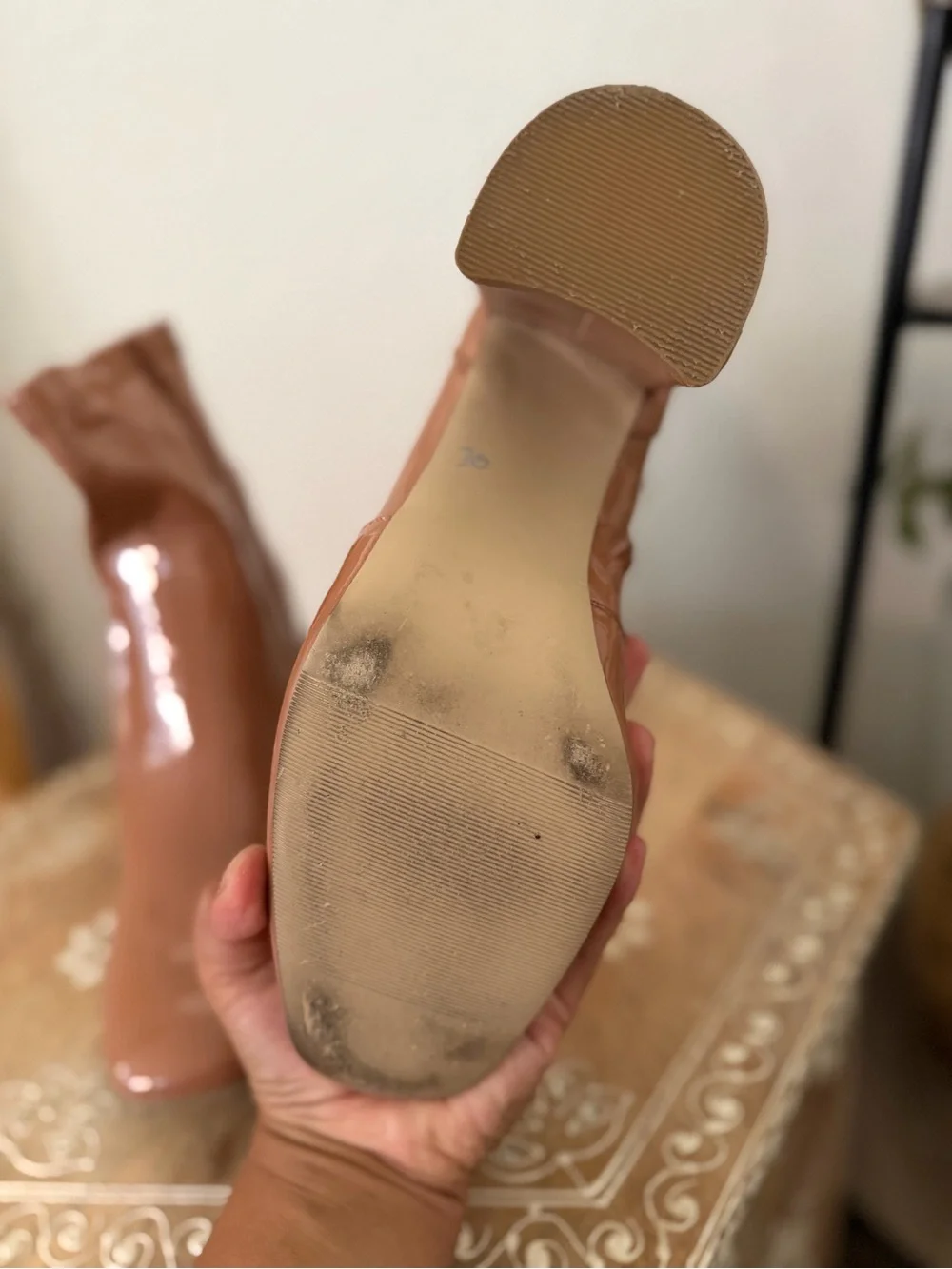 Patent Leather Mid-Heel Ankle Boots - Brown